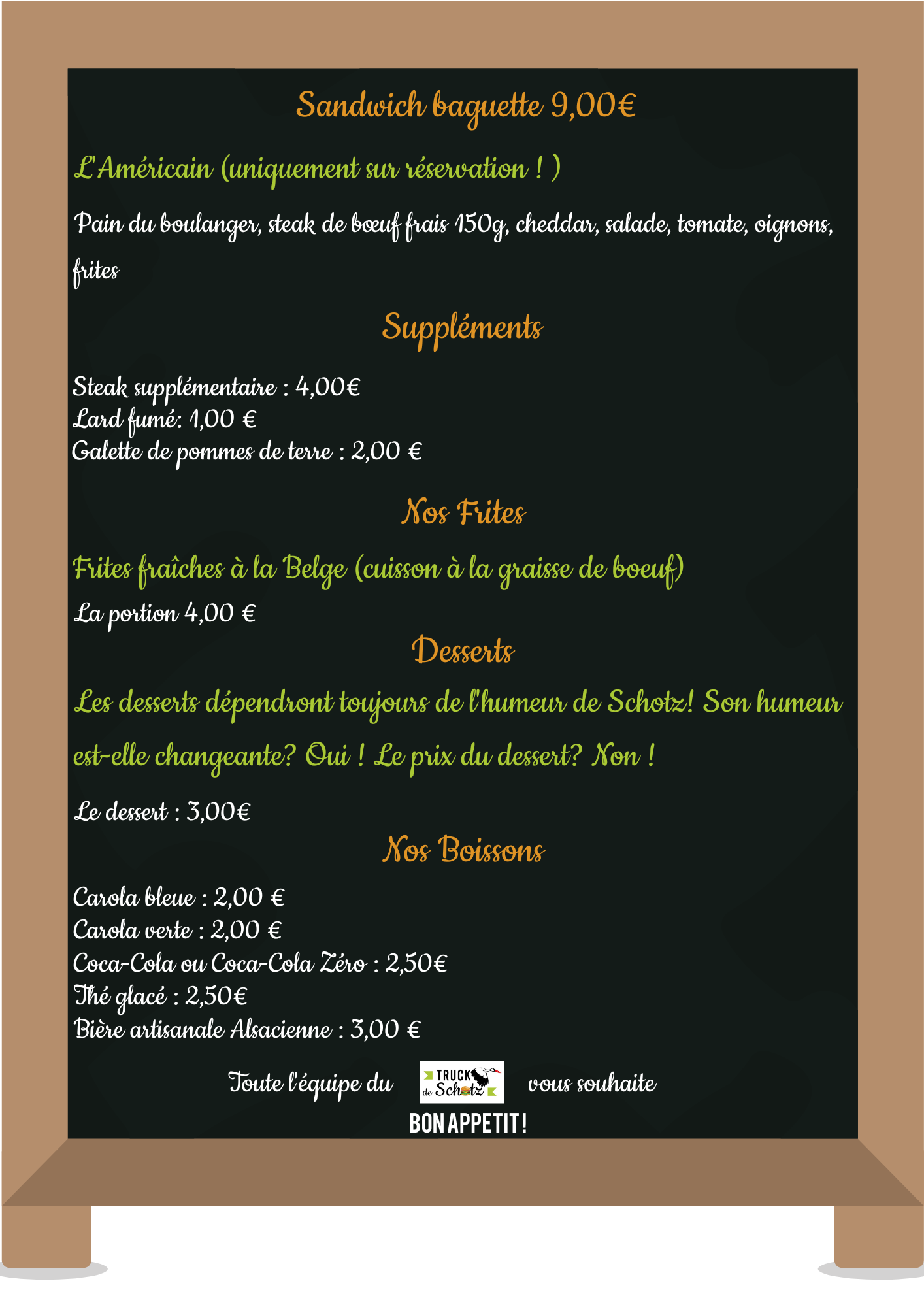 Carte sandwich, frites à la belge et suppléments Carte sandwich, frites à la belge et suppléments