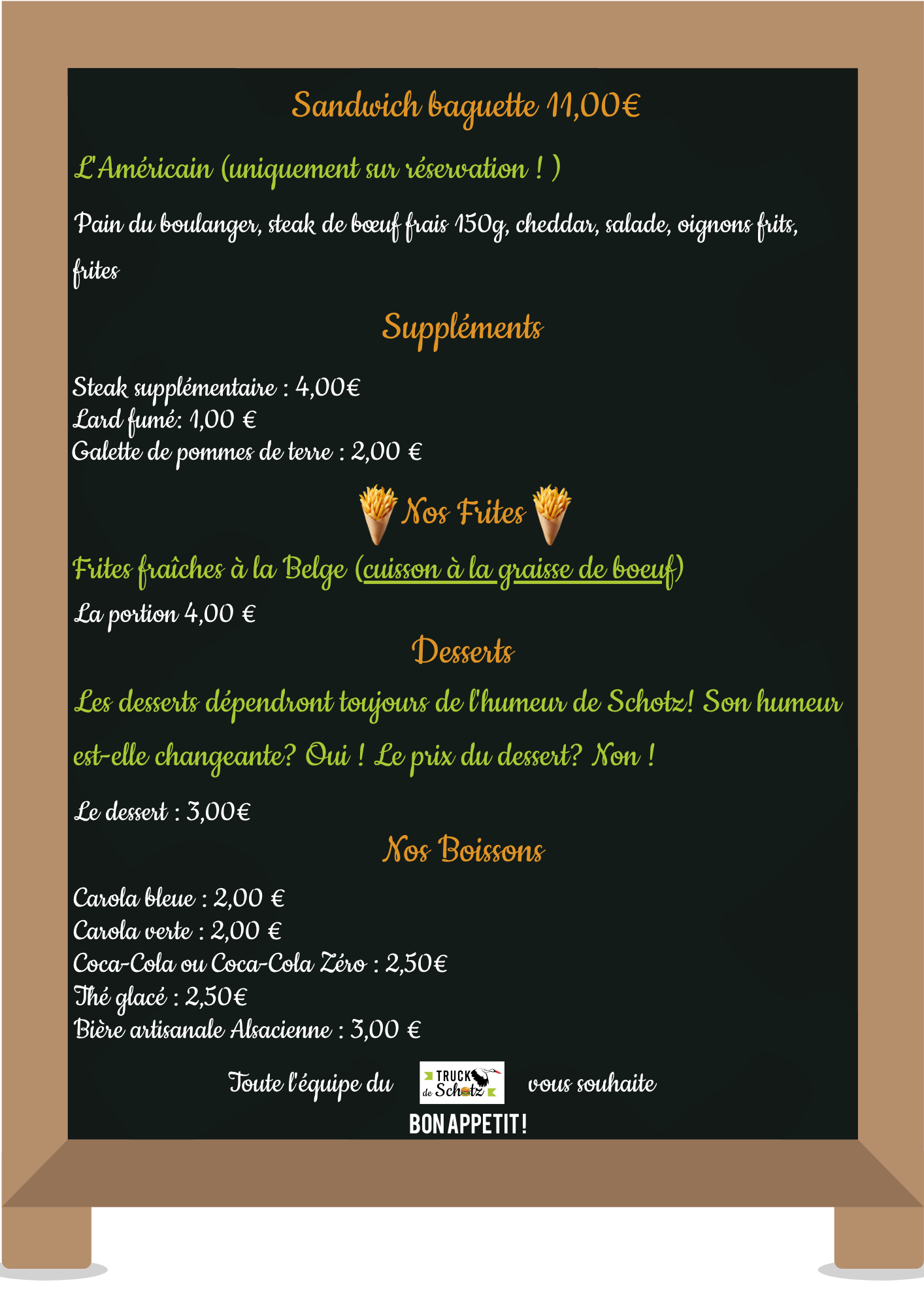 Carte sandwich, frites à la belge et suppléments